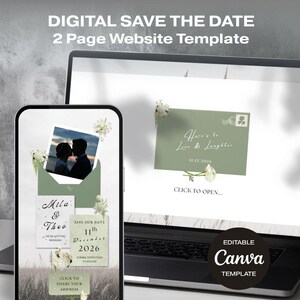 May include: A digital wedding invitation template shown on a smartphone and laptop. The design includes a photo of a couple, floral decorations, and text that reads "Digital Save the Date" and "Here's to Love & Laughter". The template is editable in Canva.