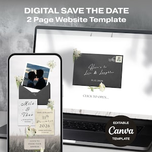 May include: A laptop and smartphone showcase a digital wedding invitation template. The smartphone displays a photo within an envelope, with text reading "Mila & Theo" and "Save Our Date". The laptop shows a dark grey invitation with the text "Here's to Love & Laughter".