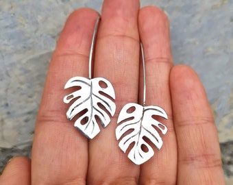 Leaf silver earrings,Monstera deliciosa silver earrings,Monstera Deliciosa Leaf silver long earrings,Plank addict jewelry gift