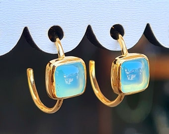 Aqua chalcedony hoop earrings,Chalcedony earrings,Blue chalcedony silver earrings,Chalcedony gold plated silver earrings