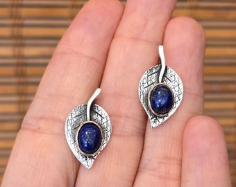 Orecchini a lobo in argento a forma di foglia: anello in lapislazzuli, regalo per gli amanti delle piante