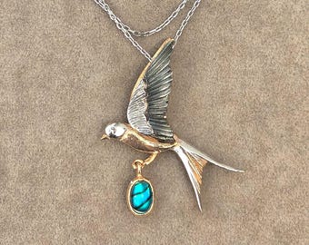 Collar con colgante de golondrina de abulón: plata de ley, chapado en oro