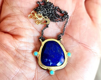 Lapis Lazuli gold plated silver necklace with turquoise,Original Lapis silver necklace,Lapis birthstone necklace