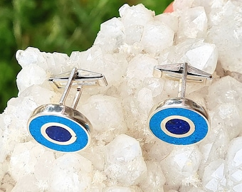 Gemelos de plata de ley con el símbolo del ojo turco: lapislázuli y turquesa.