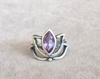 Amethyst Lotus Flower Silver Ring,Handmade Yoga Inspired Jewelry