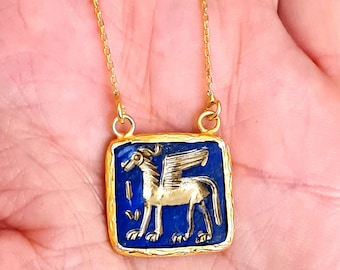 Lapis pegasus gold plated silver necklace,Lapis silver necklace,Pegasus necklace,Pegasus silver necklace,Lapis gold flying horse necklace