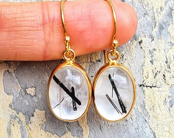 Black rutilated quartz earrings,Rutilated quartz silver earrings,Rutilated quartz gold plated silverdangle earrings