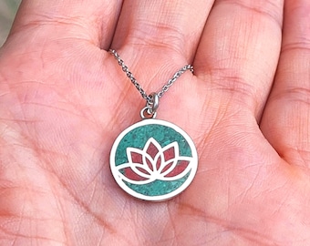Lotus silver necklace,Lotus flower silver necklace with malachite and coral,Lotus jewelry gift for yoger