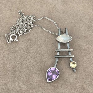 Contemporary Amethyst Silver Necklace,Handcrafted Silver Pendant,Multi Gemstone Silver Necklace,