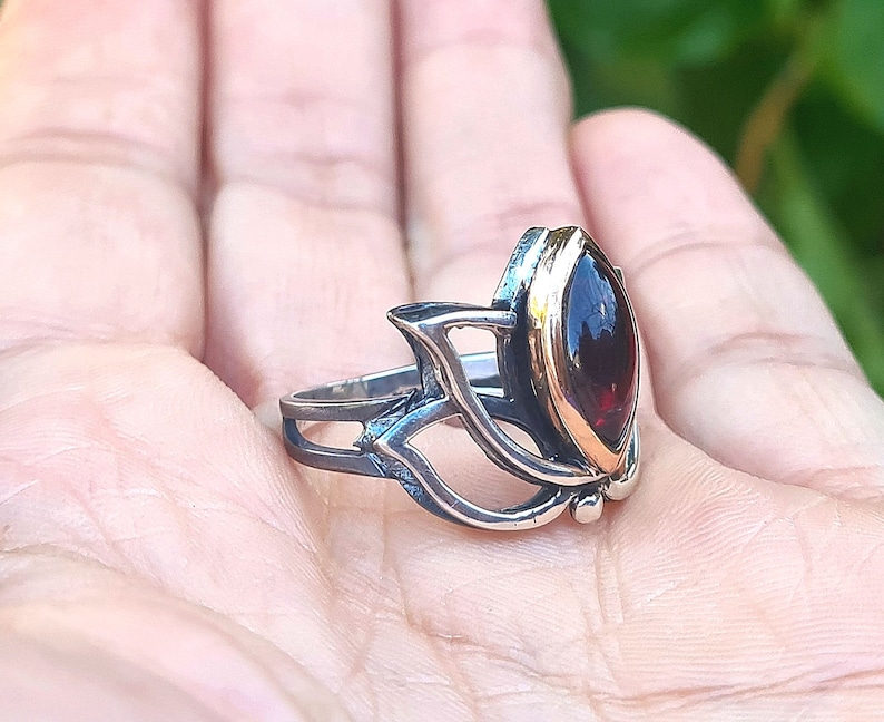 Lotus silver ring,Lotus ring with garnet,handmade lotus flower ring,lotus yoga jewelry gift image 9