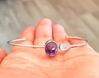 Amethyst bracelet,Purple amethyst bangle,Amethyst silver adjustable cuff bracelet