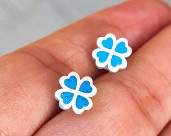 Four leaf clover silver earrings,4 leaf clover stud earrings,Tuqruoise small silver earrings