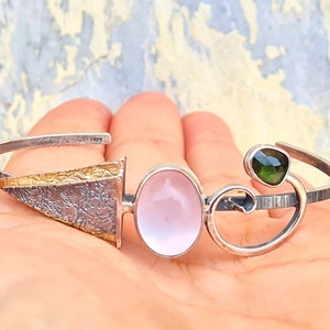 Rose quartz silver bracelet,Rose quartz silver bangle,Rose quartz and green tourmaline bangle,bangle gift