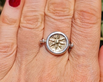 Ancient roman sun signed coin gold plated silver and silver ring,Handmade coin ring for woman