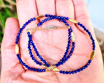 Lapis lazuli beaded necklace,Lapis necklace,September birthstone, Lapis lazuli beaded necklace with gold plated silver beads