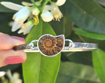 Ammonite Fossil Sterling Silver Bracelet: Handmade Band Jewelry