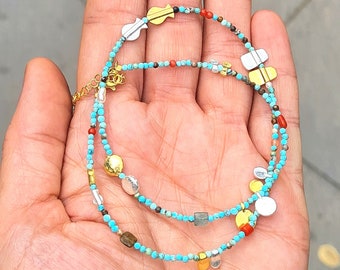 Turquoise Beaded Necklace: Silver & Gold Plated Accents, Boho Hippie Style