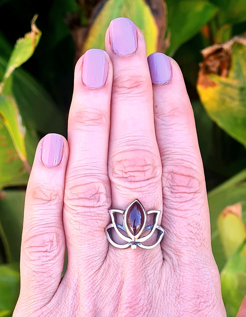 Lotus silver ring,Lotus ring with garnet,handmade lotus flower ring,lotus yoga jewelry gift image 5