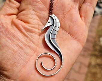 Seahorse handmade silver long necklace,seahorse jewelry gift for woman,seahorse silver necklace