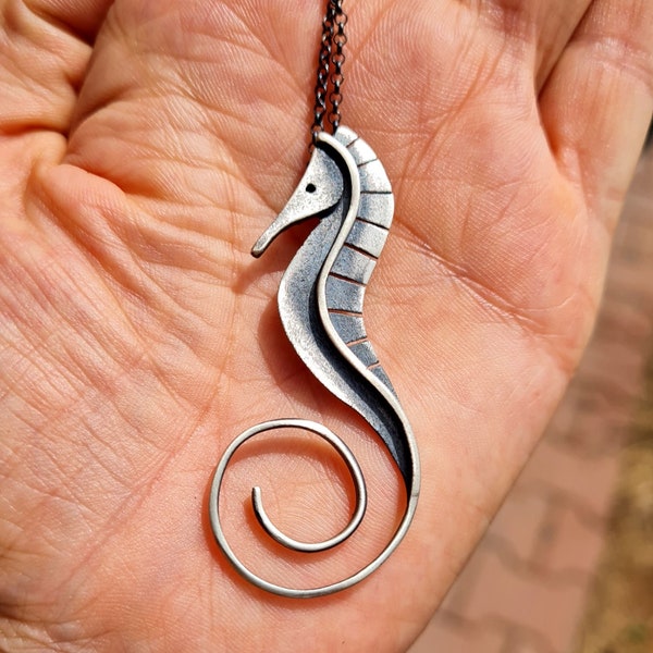 Seahorse handmade silver long necklace,seahorse jewelry gift for woman,seahorse silver necklace