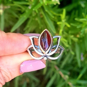 Lotus silver ring,Lotus ring with garnet,handmade lotus flower ring,lotus yoga jewelry gift image 3