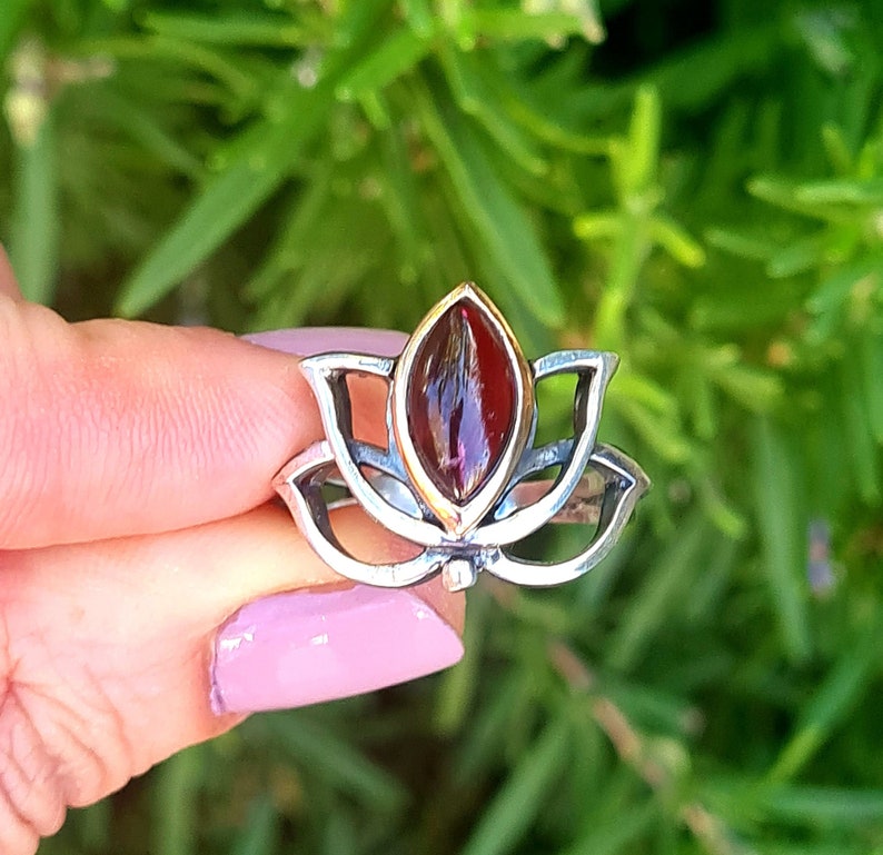 Lotus silver ring,Lotus ring with garnet,handmade lotus flower ring,lotus yoga jewelry gift image 3