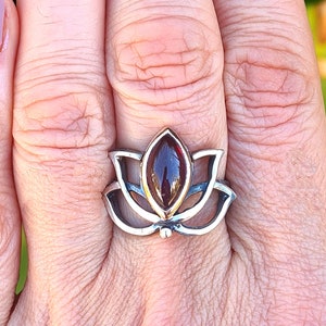 Lotus silver ring,Lotus ring with garnet,handmade lotus flower ring,lotus yoga jewelry gift image 2