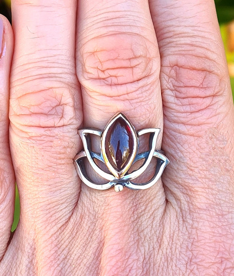 Lotus silver ring,Lotus ring with garnet,handmade lotus flower ring,lotus yoga jewelry gift image 2