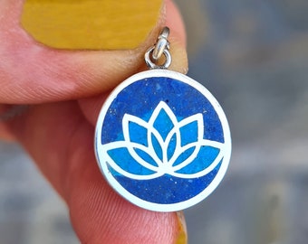 Lotus silver necklace,Lotus flower silver necklace with Lapis lazuli and turquoise,Lotus jewelry gift for yoger,Dainty silver lotus pendant