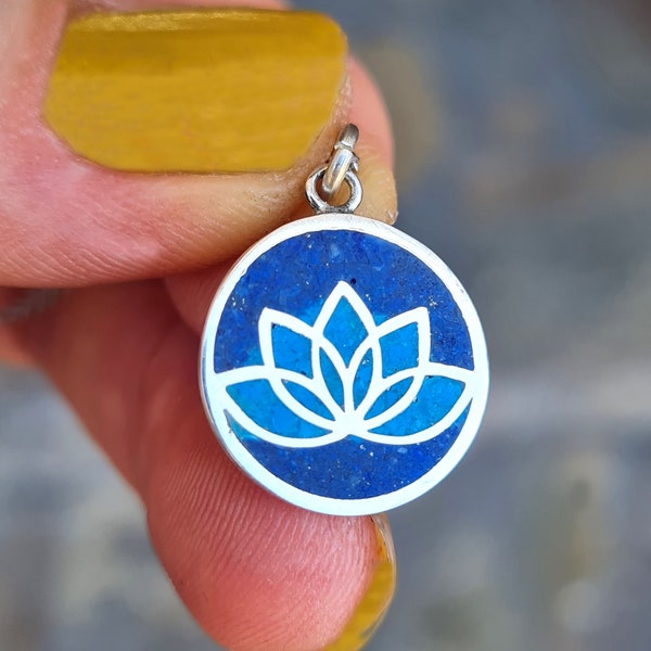 Lotus silver necklace,Lotus flower silver necklace with Lapis lazuli and turquoise,Lotus jewelry gift for yoger,Dainty silver lotus pendant