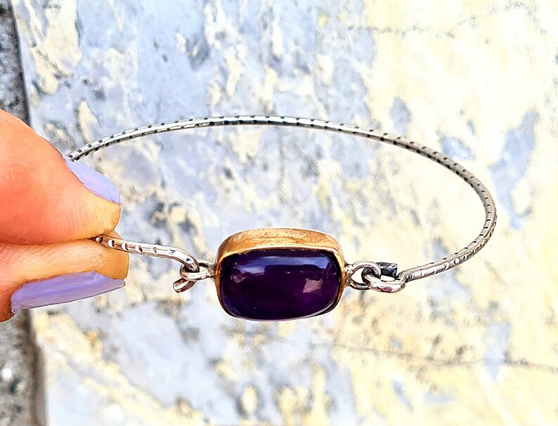 Amethyst silver band bracelet,Silver bracelet gift for woman.Amethyst handmade bracelet zdjęcie 4