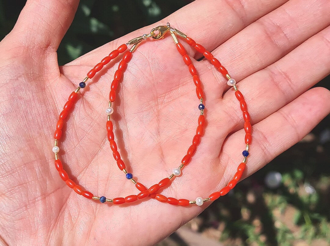 Coral Bead Braceletcoral Silver Braceletcoral Pearl Lapis Etsy