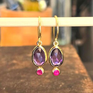 Gold Plated Silver Dangle Earrings Designed with Amethyst and Ruby