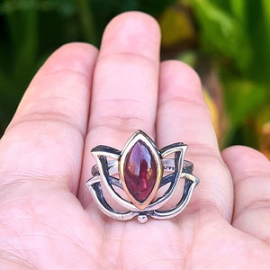 Lotus silver ring,Lotus ring with garnet,handmade lotus flower ring,lotus yoga jewelry gift image 1