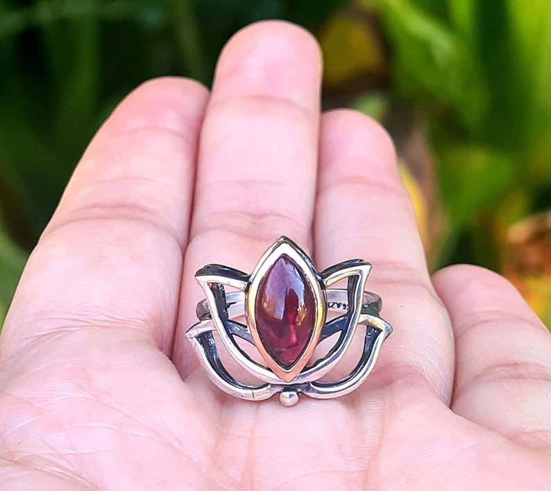 Lotus silver ring,Lotus ring with garnet,handmade lotus flower ring,lotus yoga jewelry gift image 1