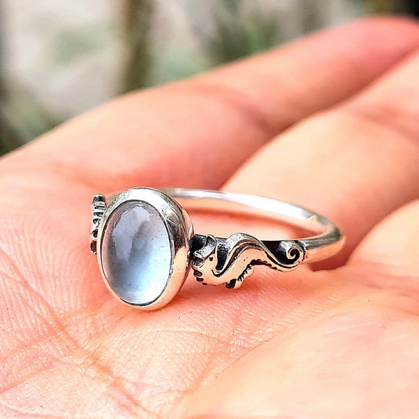 Aquamarine silver ring,Seahorse silver handmade ring,Aquamarine ring,Gift for divers