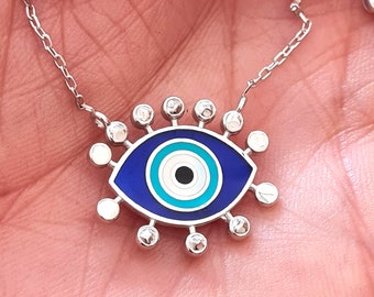 Evil eye necklace,Blue eye necklace,Silver eye necklace,Eye charm necklace,Eye protection jewelry,Thrid eye