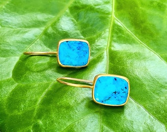 Turquoise silver earrings,Gold plated silver earrings with turquoise,Handmade earrings gifts,Square shaped turquoise earrings