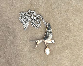 Pearl Swallow Bird Pendant Necklace: Sterling Silver, Gold Plated