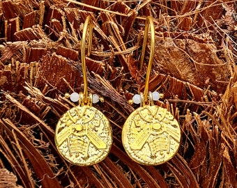 Ancient bee coin earrings,Bee silver earrings,Gold plated silver intaglio bee dangle earrings