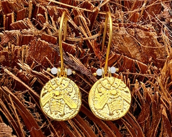 Pendientes antiguos de monedas de abeja, pendientes de plata de abeja, pendientes colgantes de abeja intaglio de plata chapada en oro