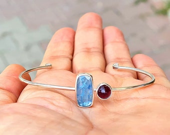 Kyanite bracelet,kyanite silver bangle with garnet,kyanite silver adjustable cuff bracelet