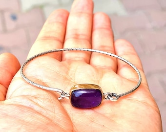 Amethyst  silver band bracelet,Silver bracelet gift for woman.Amethyst handmade bracelet