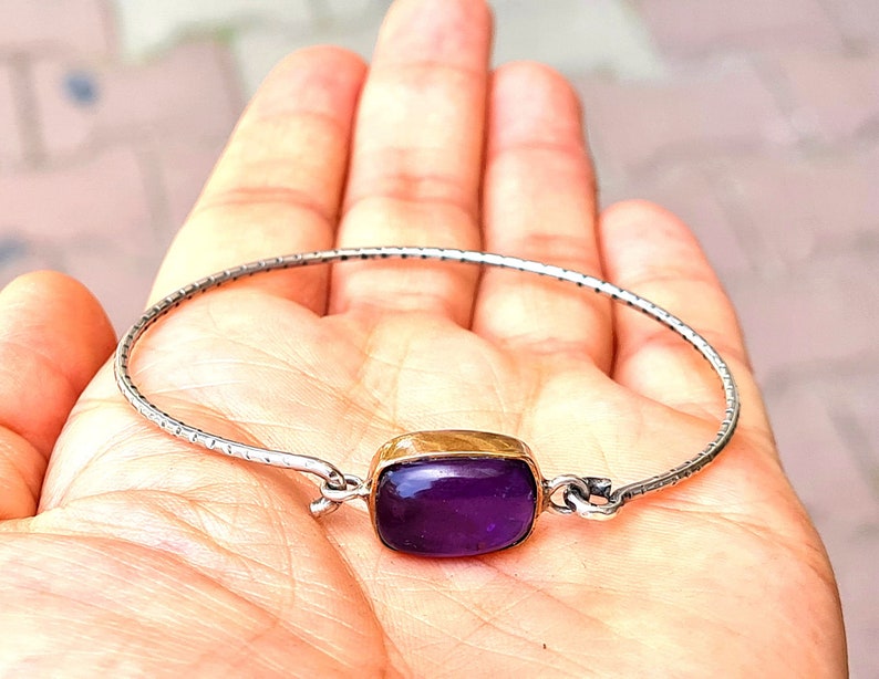 Amethyst silver band bracelet,Silver bracelet gift for woman.Amethyst handmade bracelet zdjęcie 1