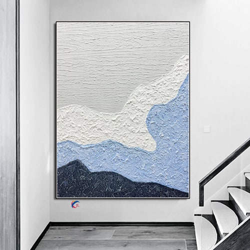 Paintings on canvas Large abstract painting,Textured original abstract painting Blue white texture abstract painting,Blue shops white art painting