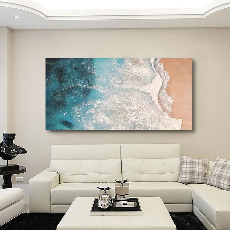 Large ocean oil painting canvas beach wall art ocean wave painting seashore painting green shops and white painting ocean painting art