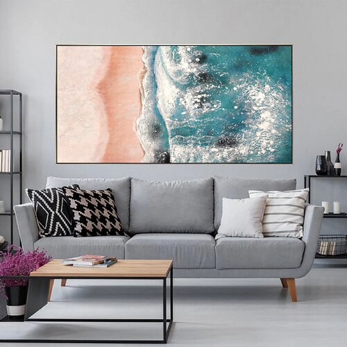 Large Abstract Textured Ocean painting,Blue Sea White waves,Handmade abstract shops painting,Large Sea Canvas Oil Painting,Beach Ocean sky scenery