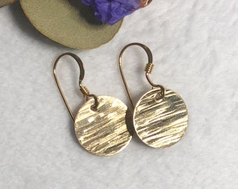 Gold filled horizontally hammered disk earrings