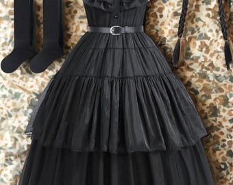 Costume da Mercoledì Addams per bambine – Vestito di Halloween per bambini – Abito nero gotico per Halloween – Cosplay della famiglia Addams