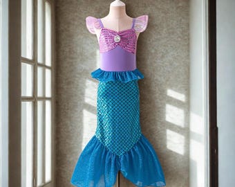 Girls Mermaid Costume Dress - Ariel Sequin Tutu Princess Outfit - Little Mermaid Birthday, Halloween & Christmas Dress for Kids